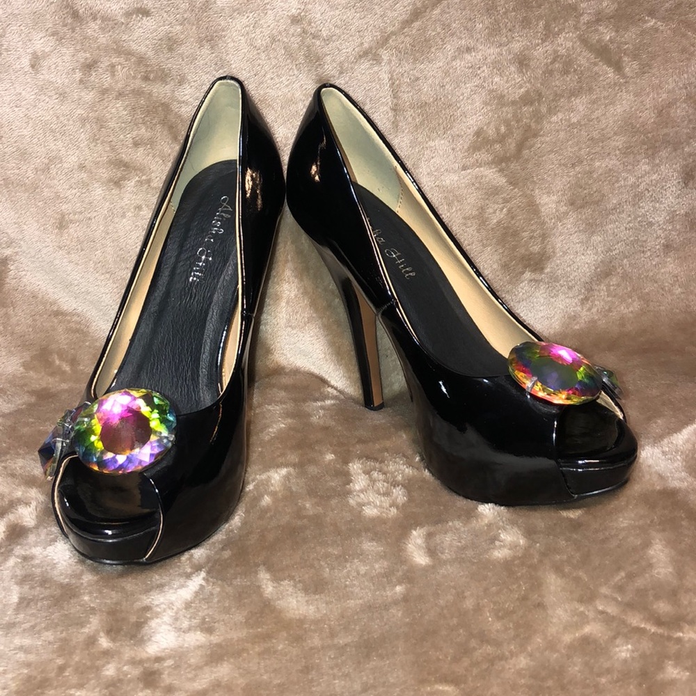Alisha Hill black platform pumps with jewel accent